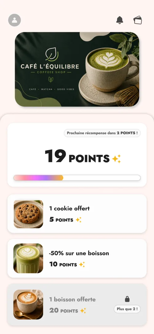 Écran de la carte Café l’équilibre dans l’application Fydl